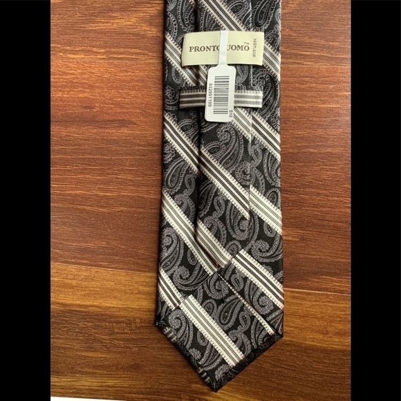 🌿SALE🌿PRONTO UOMO 100% Silk Black Paisley White Stripes Necktie - Picture 3 of 8